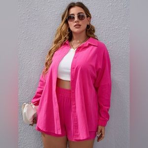 Plus Solid Drop Shoulder Blouse & Shorts